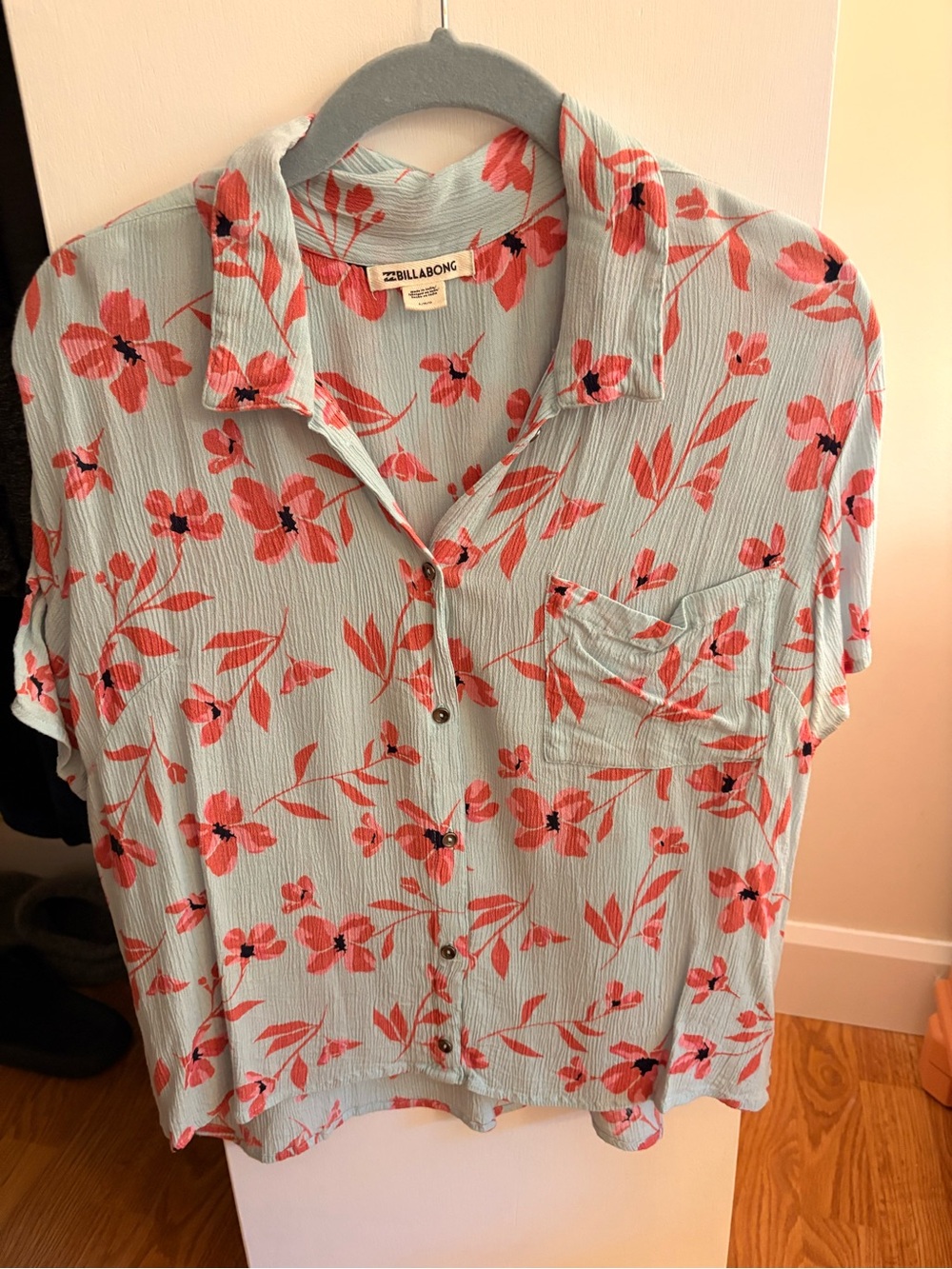 Billabong Light Blue Short-Sleeve Button-Up with Coral Floral Print